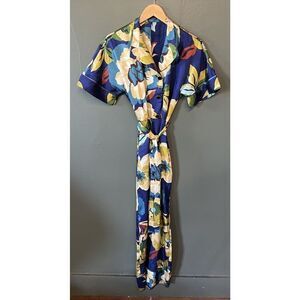 ZARA Women Blue Multicolored Floral Print Short Sleeve Belted Jumpsuit S Small